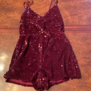 Forever 21 Burgundy Sequin Velvet Chemise Romper
